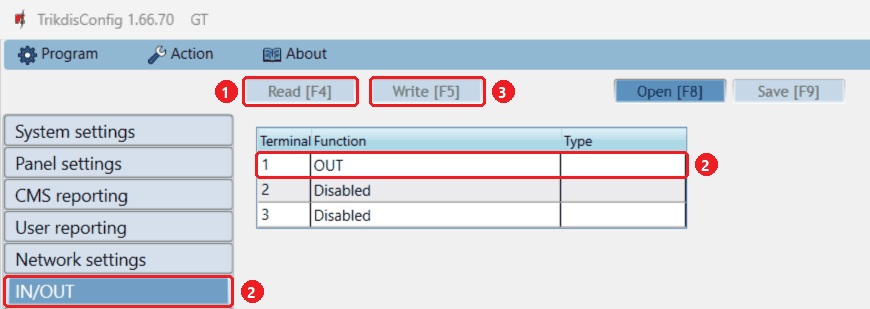 TrikdisConfig, záložka IN/OUT: svorka 1 na OUT, ostatné na Disabled